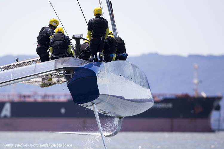 The hull of Artemis Racing's foiling AC72, their second boat, more closely resembles the Oracle #2 hull shape. Photo:2013 Sander van der Borch/Artemis Racing