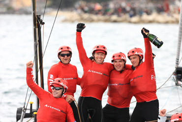 Artemis celebrates their Match Race Championship win Sunday. Photo:2012 ACEA/Gilles Martin-Raget