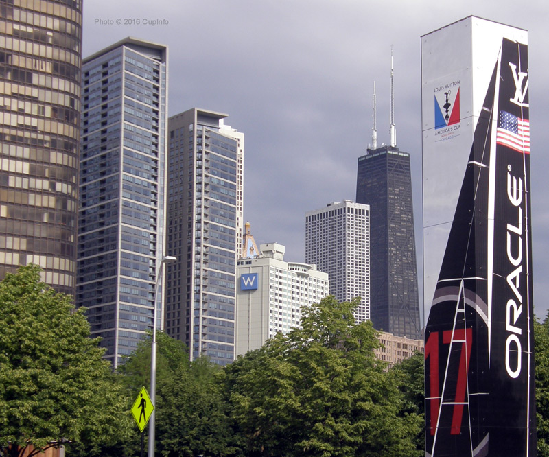 Skyscraper vs. Skyscraper: Oracle Team USA measuring themselves against the 100-story John Hancock Tower.  Photo:©2016 CupInfo.com