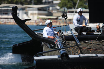 Larry Ellison on Oracle4 with James Spithill. Photo:2011 Gilles Martin-Raget/americascup.com