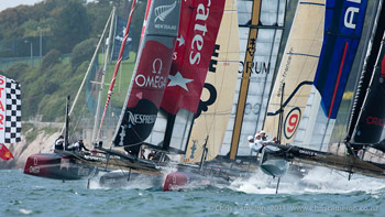 Emirates Team New Zealand took two out of three fleet races to open ACWS Plymouth, Saturday. Photo:2011 Chris Cameron/ETNZ