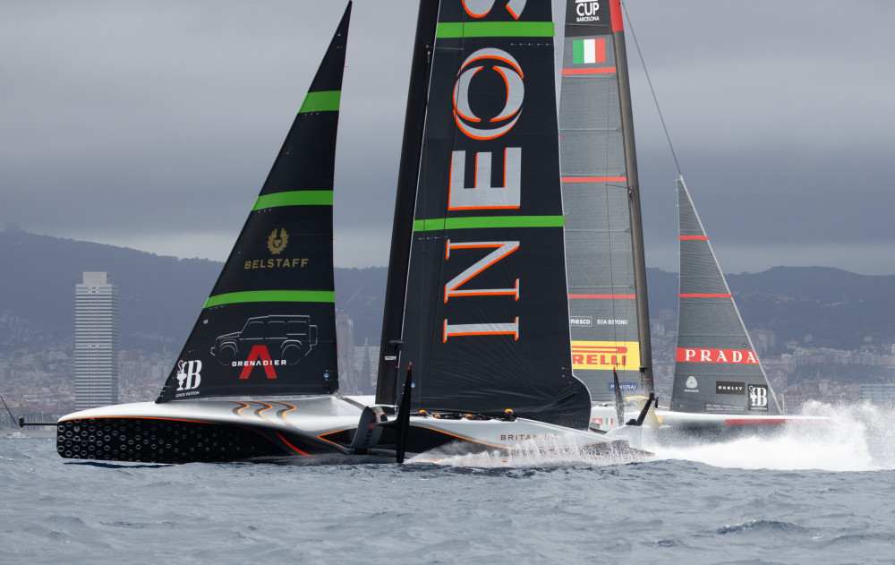 INEOS Britannia rounds the windward gate ahead of Luna Rossa Prada Pirelli, in Race 10.