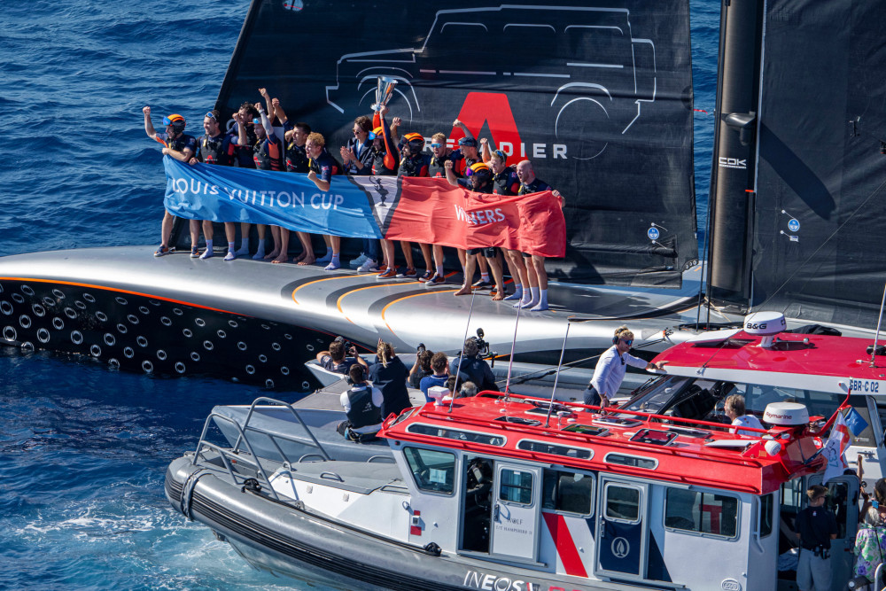 Sir Ben Ainslie celebrates with the crew of INEOS Britannia becomes the 37th Challenger for the America's Cup.