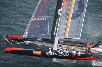 Spain's GreenComm made it into the match racing round Friday, but lost to the surging Team Korea.  Photo:2011 Gilles Martin-Raget/americascup.com