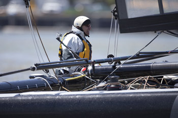 Grateful Dead drummer Mickey Hart rides aboard an America's Cup AC45 multihull yacht. Photo copyright 2011 Gilles Martin-Raget americascup.com