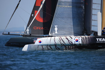 Korea knocked Russell Coutts and Oracle 5 out of the quarterfinals, but lost to ETNZ in the semis.  Photo:2011 Gilles Martin-Raget/americascup.com