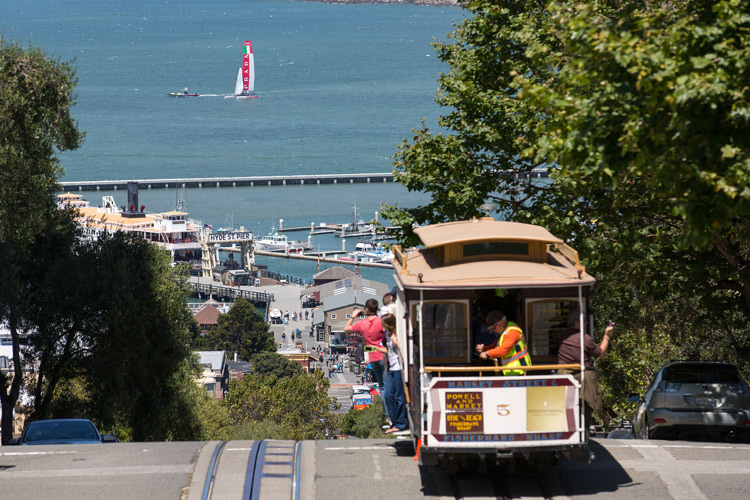  AC45 yacht and cable car. Image:2013 ACEA/Photo: Gilles Martin-Raget