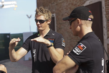 Oracle Team USA's Spithill looks on as Kyle Langford conducts a digital simulation of the incident. Photo:2012 Guilain Grenier/Oracle Team USA