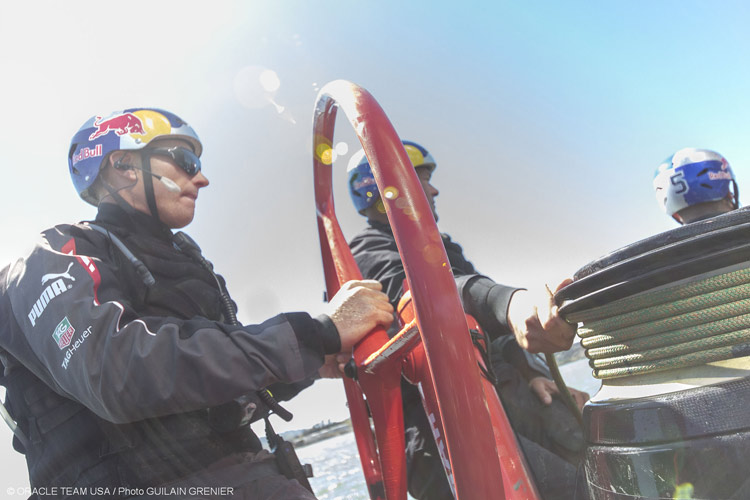 James Spithill wheeling Oracle Team USA AC72 during training in San Francisco.